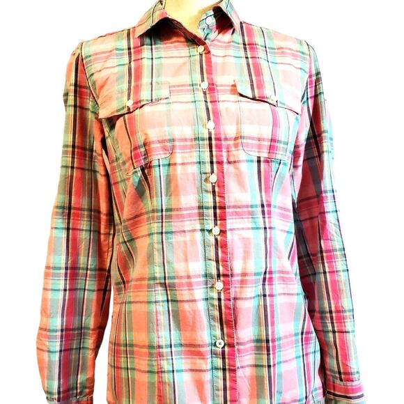 Tommy Hilfiger Plaid Pink Turquoise Top Size XS Classic 2 Pocket Tabbed Sleeves - Picture 1 of 12